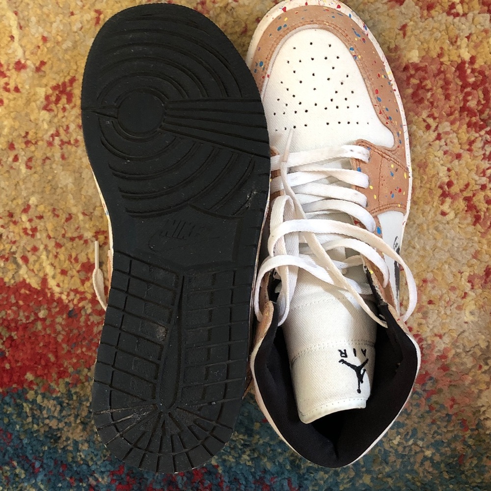 Nike Air Jordan 1 Mid White & Tan Suede with Multicolor Paint Splatter - Picture 6 of 7